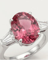 Luxury pink tourmaline and diamond ring in white gold with refined three-stone design | SARATTI