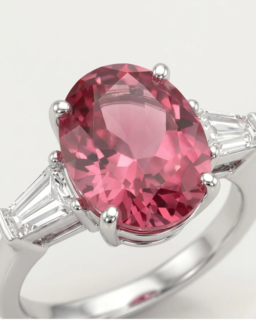 Luxury pink tourmaline and diamond ring in white gold with refined three-stone design | SARATTI