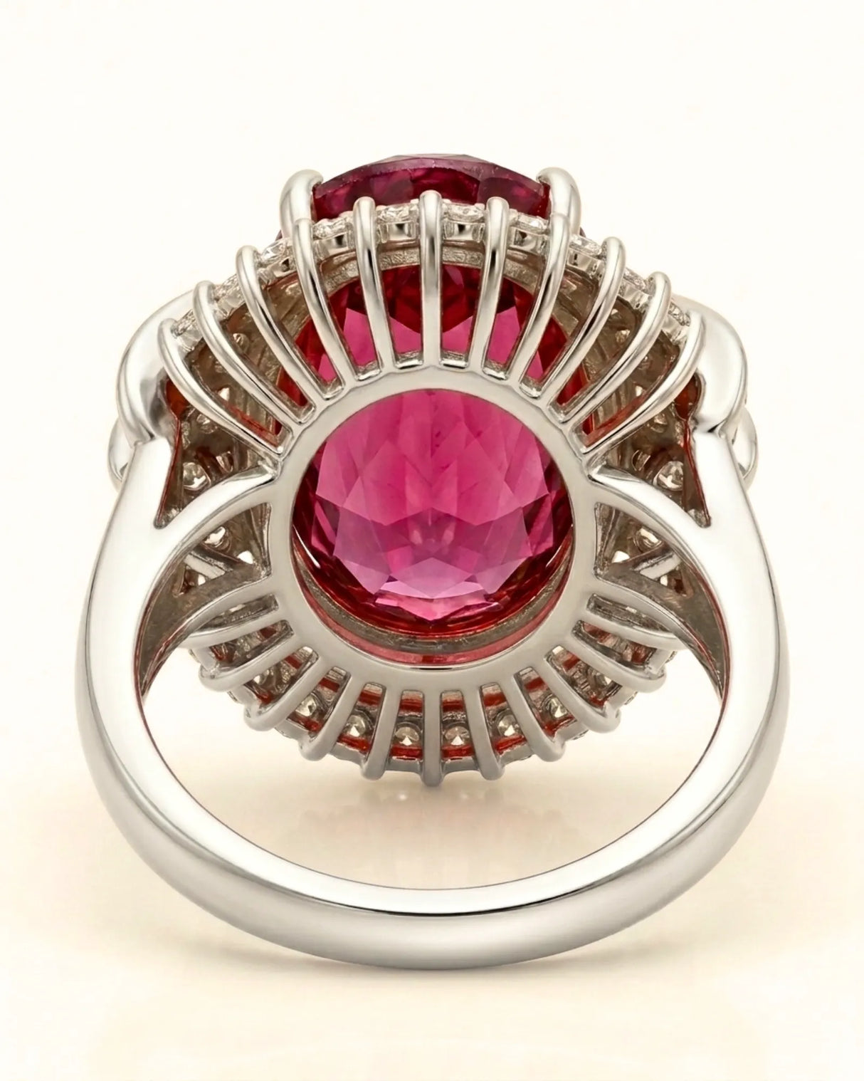 Luxury pink tourmaline and diamond ring in white gold with sunburst halo design - SARATTI
