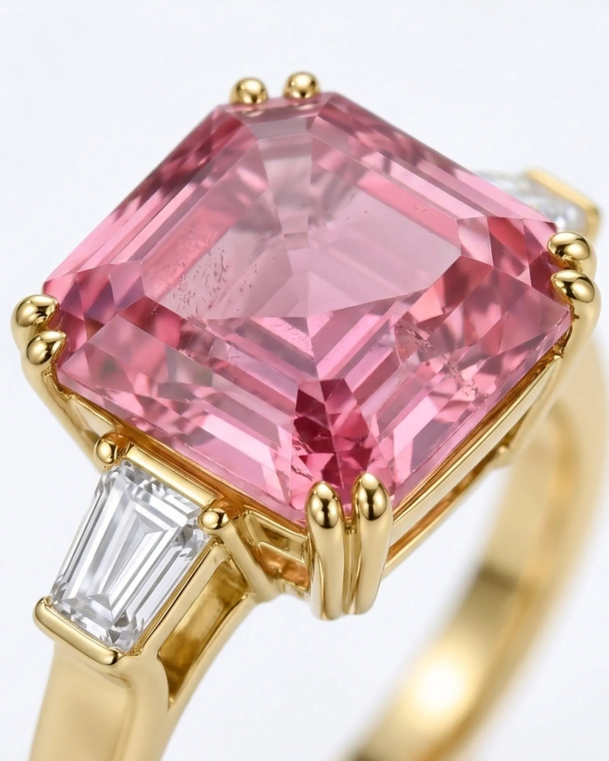 Luxury pink tourmaline and diamond ring in yellow gold with modern geometric design | SARATTI