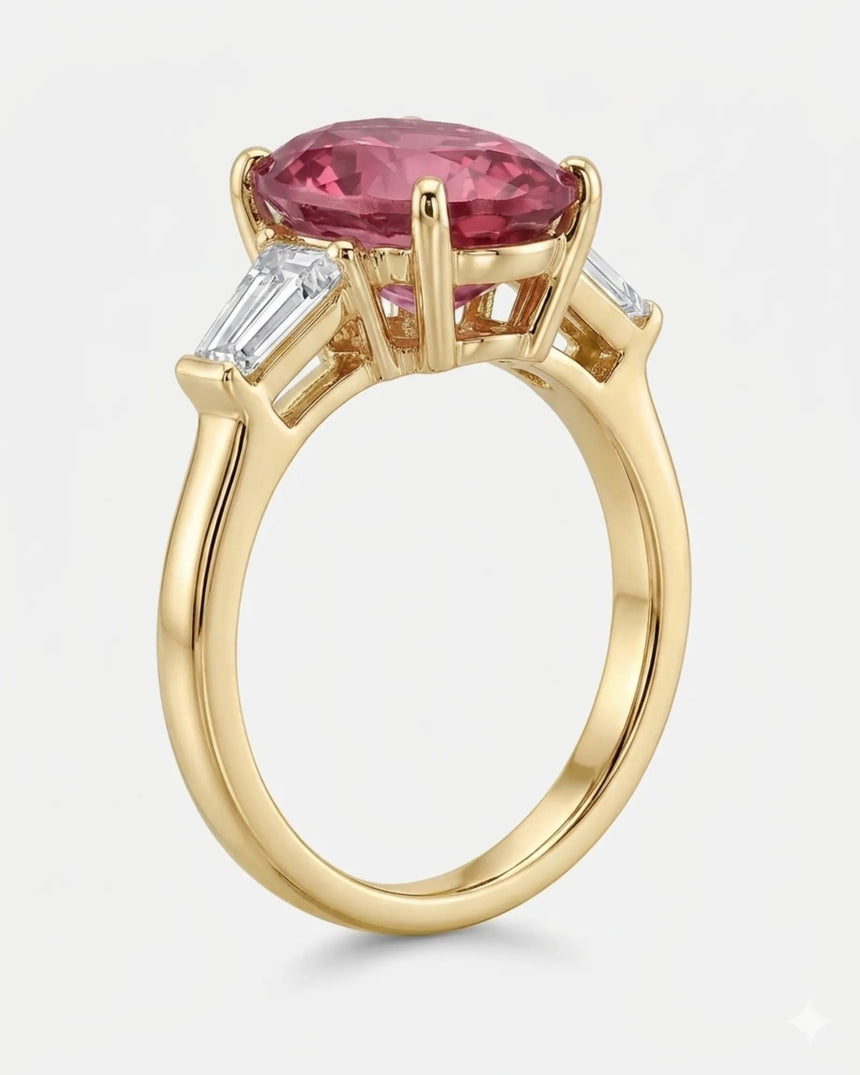 Luxury pink tourmaline and diamond ring in yellow gold with refined three-stone design | SARATTI