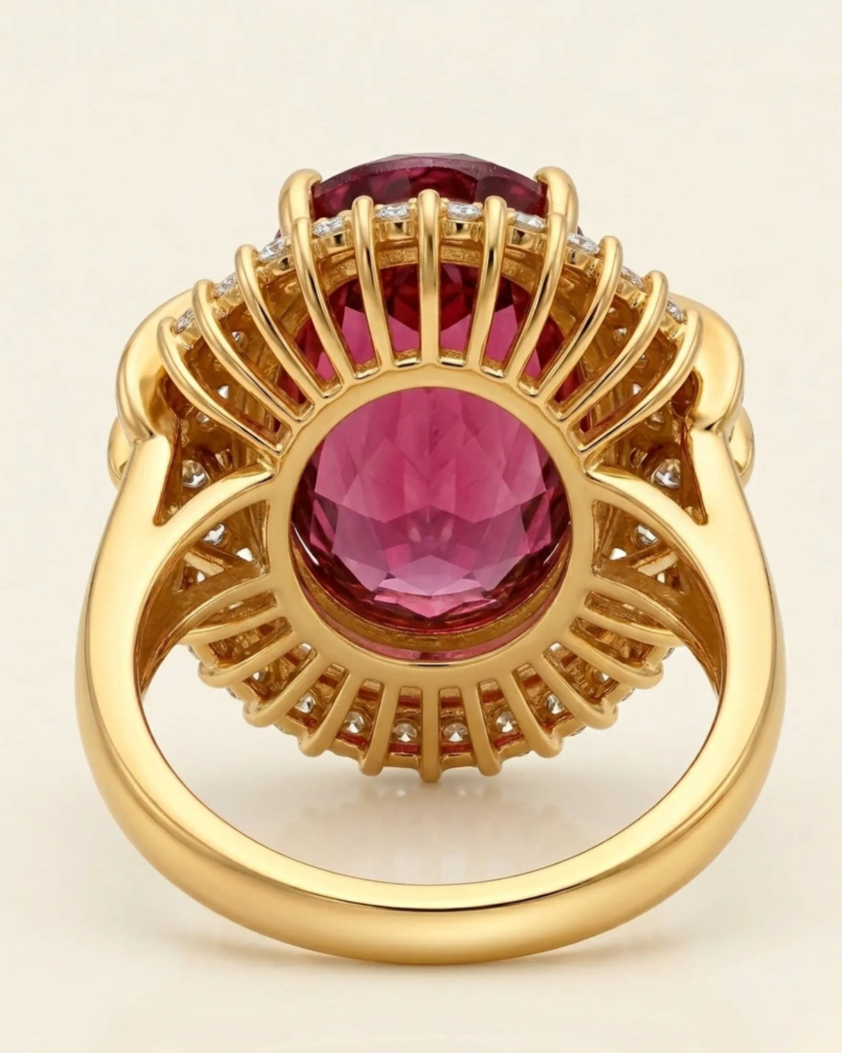 Luxury pink tourmaline and diamond ring in yellow gold with sunburst halo design - SARATTI