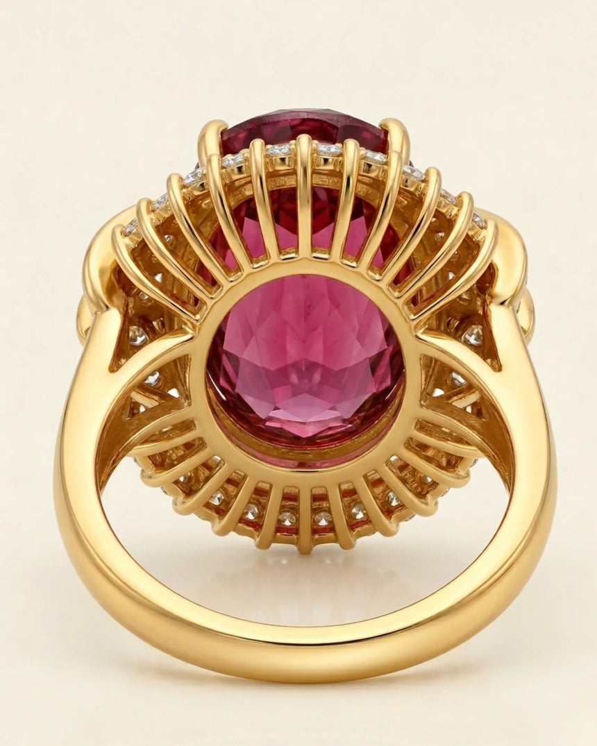 Luxury pink tourmaline and diamond ring in yellow gold with sunburst halo design - SARATTI