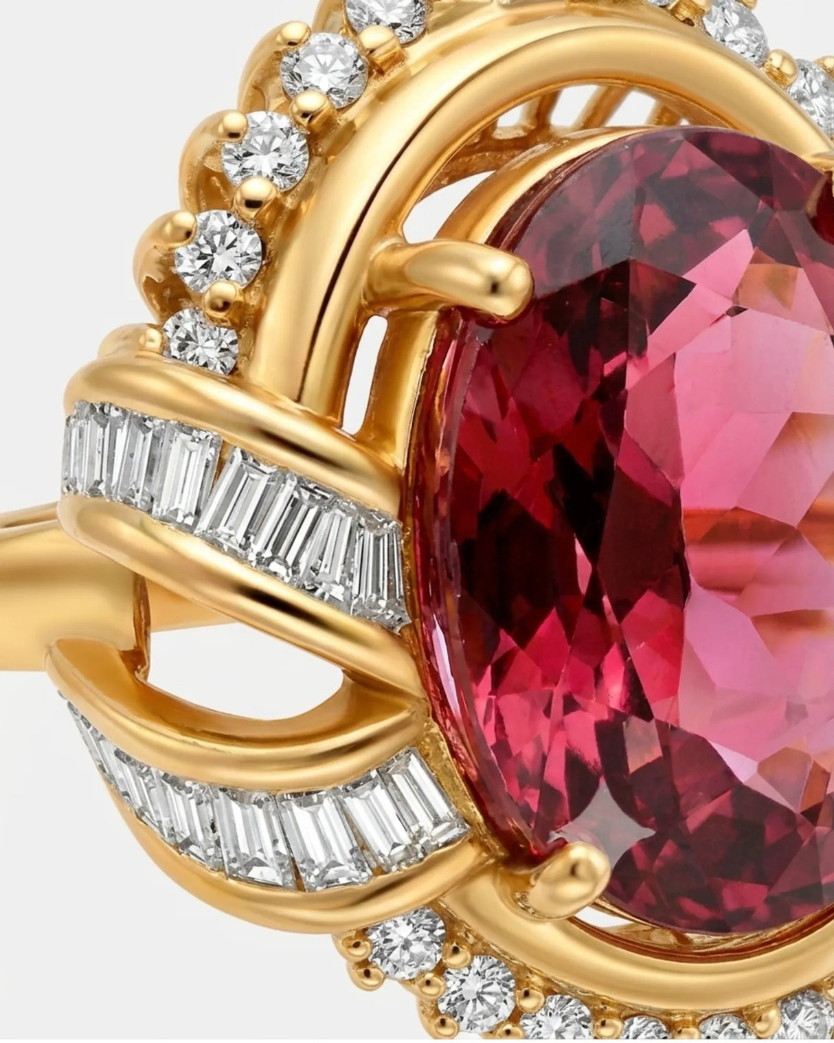 Luxury pink tourmaline and diamond ring in yellow gold with sunburst halo design | SARATTI
