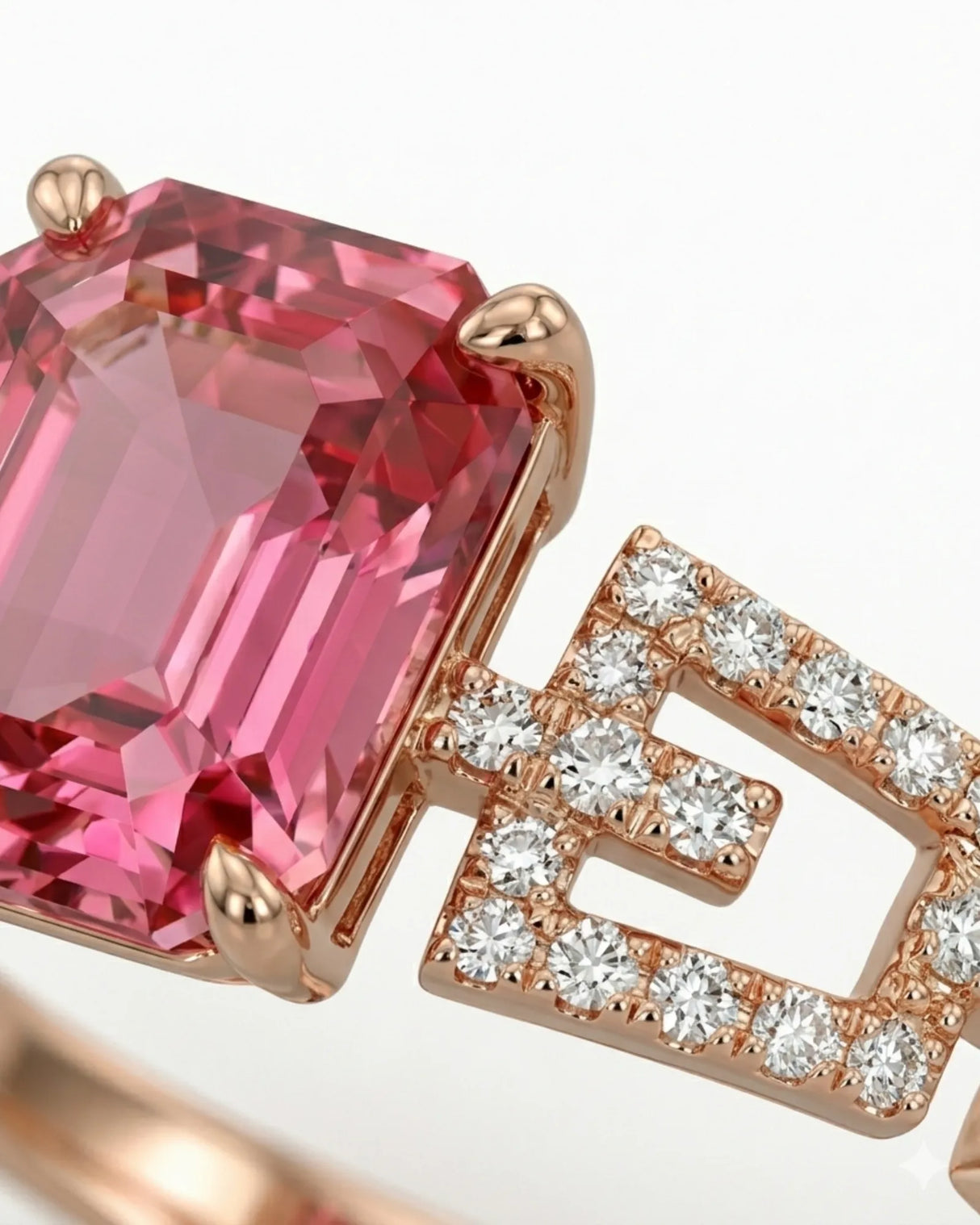 Luxury pink tourmaline ring with geometric diamond split shank in 18K rose gold - SARATTI