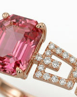 Luxury pink tourmaline ring with geometric diamond split shank in 18K rose gold - SARATTI