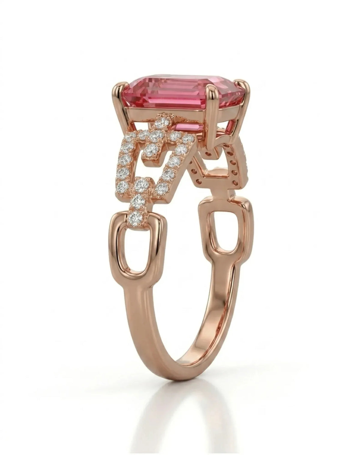 Luxury pink tourmaline ring with geometric diamond split shank in 18K rose gold | SARATTI