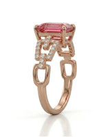 Luxury pink tourmaline ring with geometric diamond split shank in 18K rose gold | SARATTI