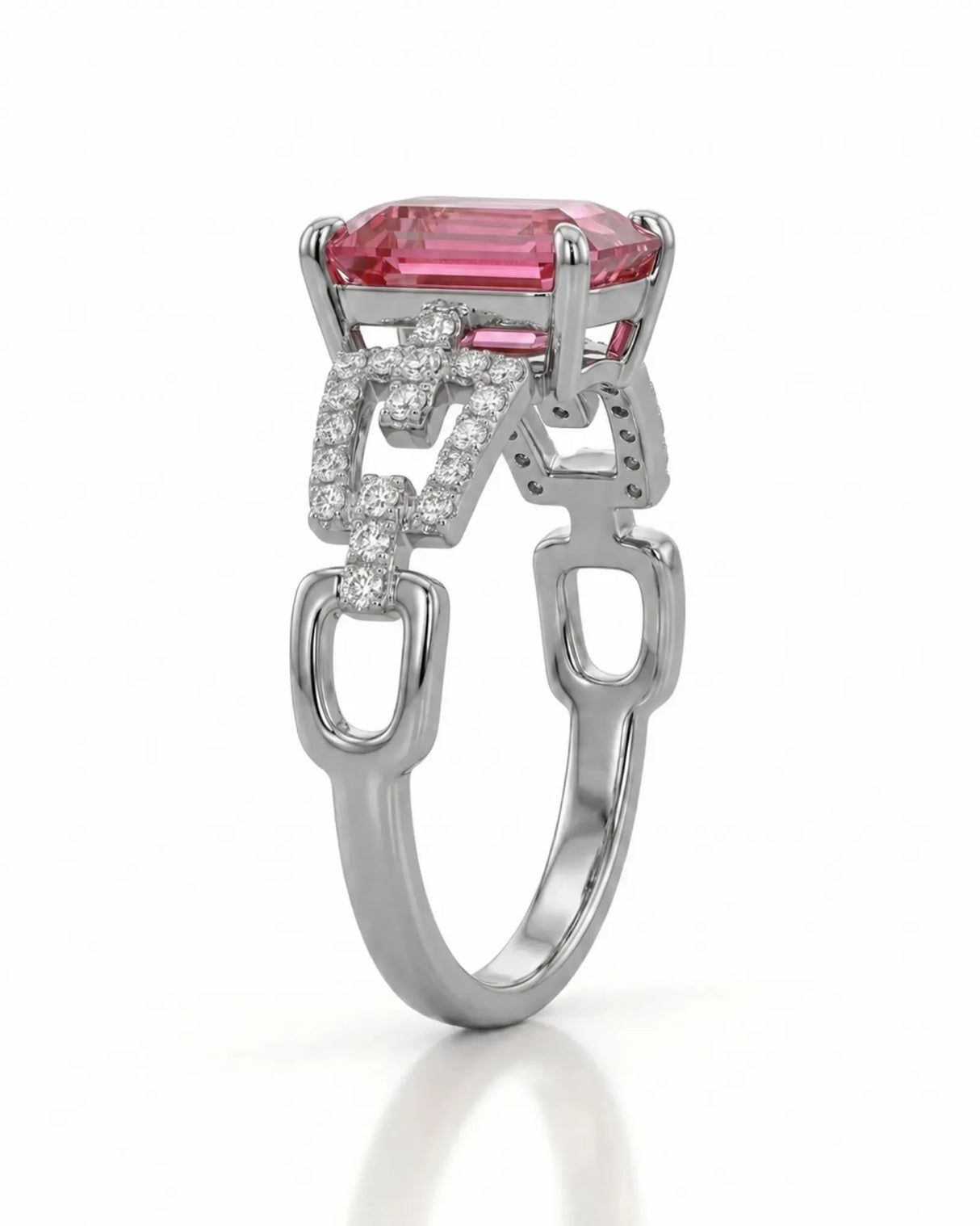 Luxury pink tourmaline ring with geometric diamond split shank in 18K white gold - SARATTI