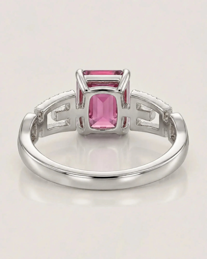 Luxury pink tourmaline ring with geometric diamond split shank in 18K white gold | SARATTI
