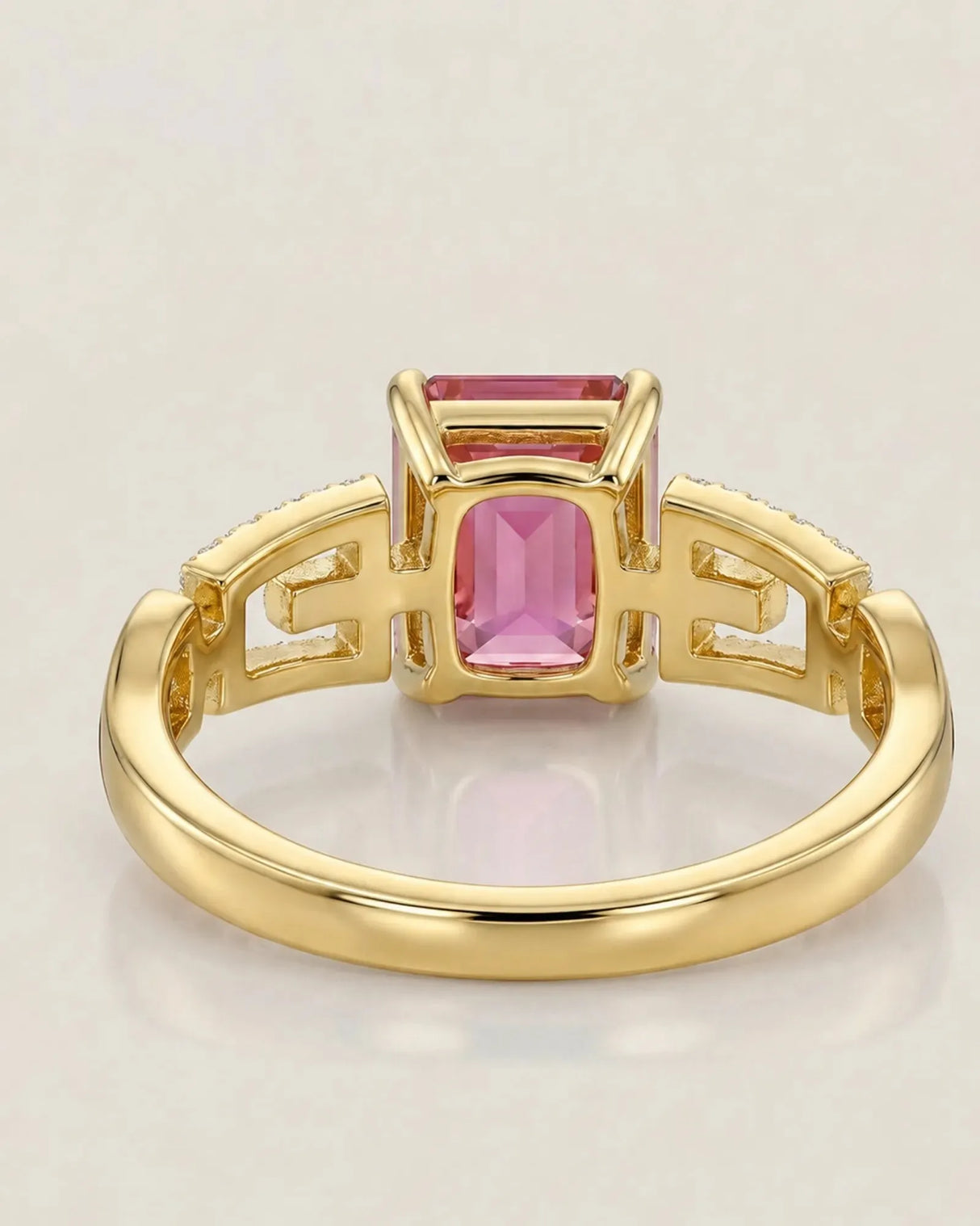 Luxury pink tourmaline ring with geometric diamond split shank in 18K yellow gold - SARATTI