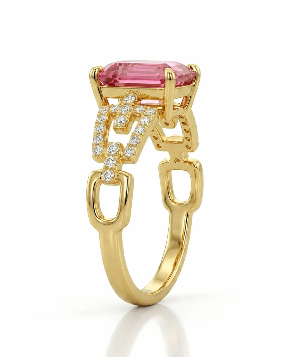 Luxury pink tourmaline ring with geometric diamond split shank in 18K yellow gold | SARATTI