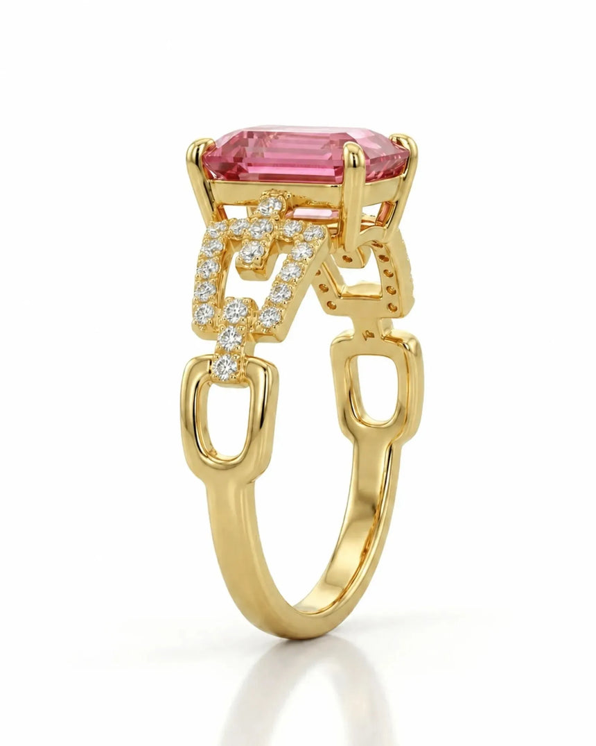 Luxury pink tourmaline ring with geometric diamond split shank in 18K yellow gold | SARATTI