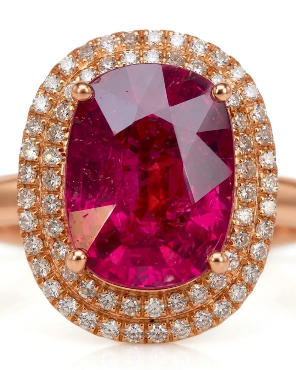 Luxury pink tourmaline ring with radiant diamond halo in 18K rose gold - SARATTI