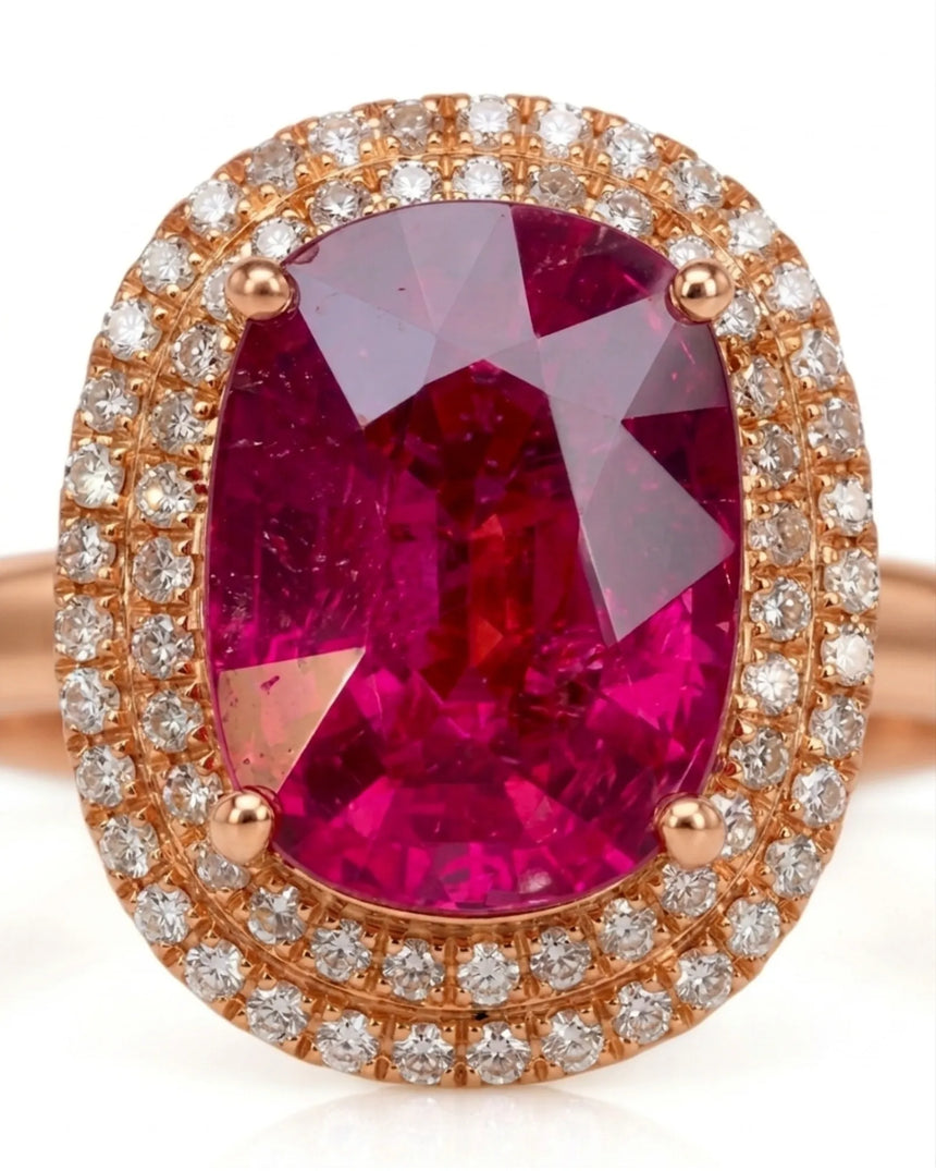 Luxury pink tourmaline ring with radiant diamond halo in 18K rose gold - SARATTI
