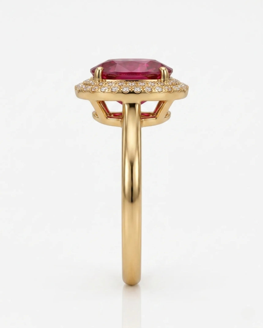 Luxury pink tourmaline ring with radiant diamond halo in 18K yellow gold - SARATTI