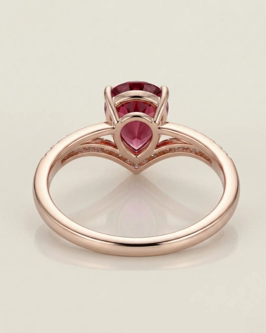 Luxury pink tourmaline ring with teardrop center stone in 18K rose gold | SARATTI