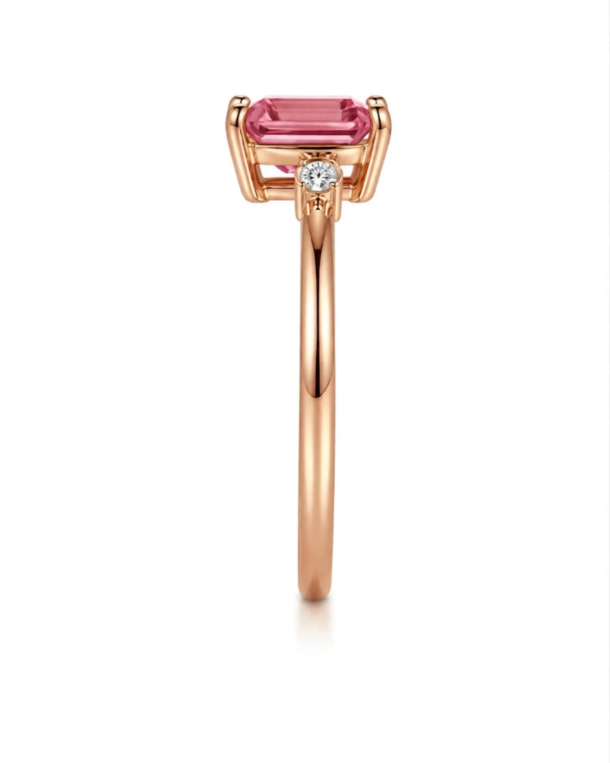 Luxury pink tourmaline trilogy ring with natural diamonds in 18K rose gold | SARATTI