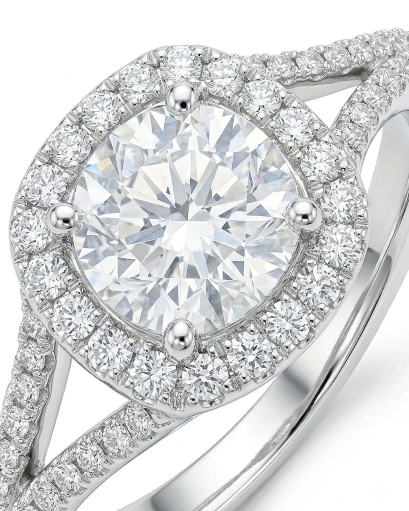 Luxury platinum halo bridal set with round moissanite center and seamless curved wedding band | SARATTI
