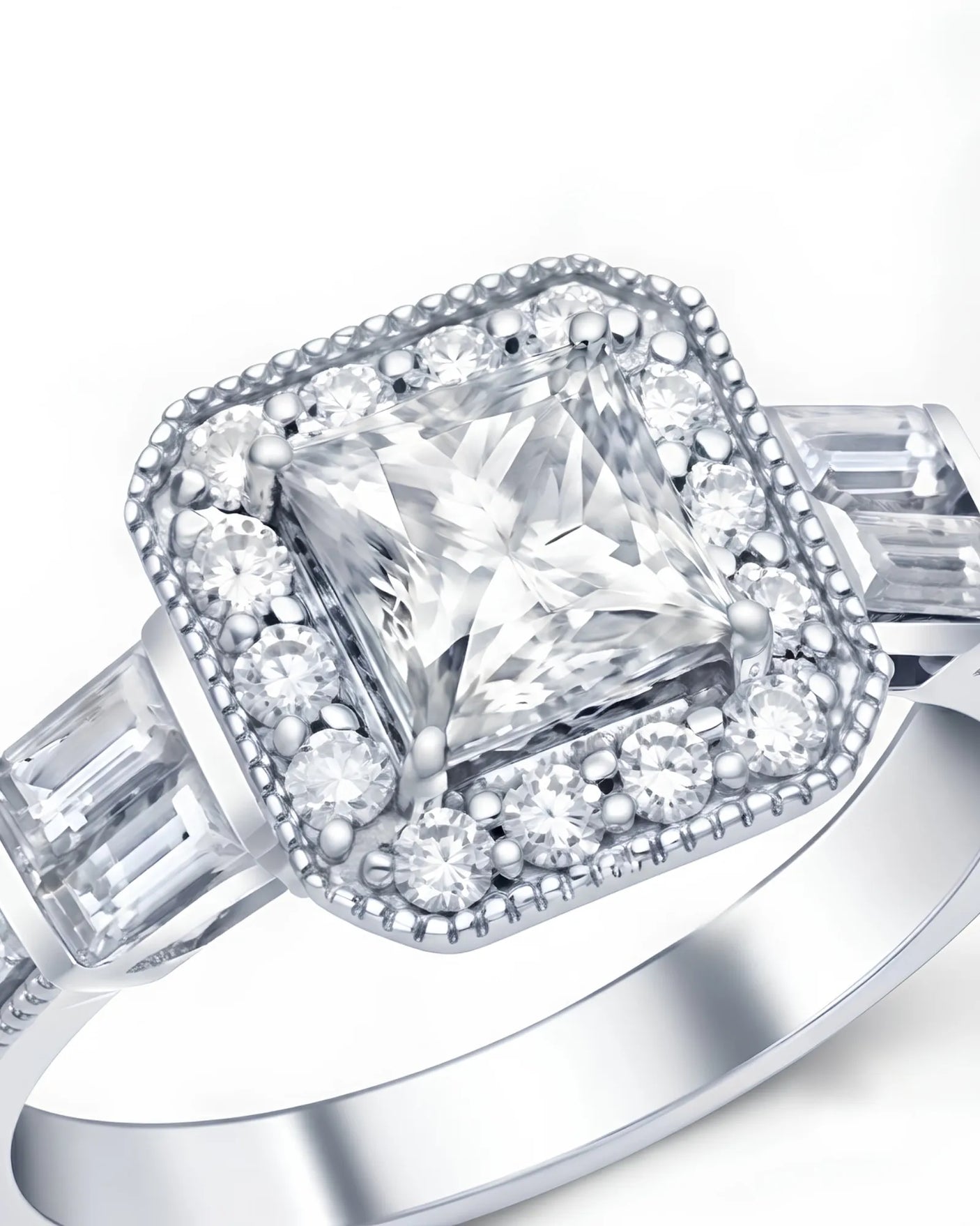 Luxury princess-cut moissanite ring with structured shoulders and refined platinum finish | SARATTI