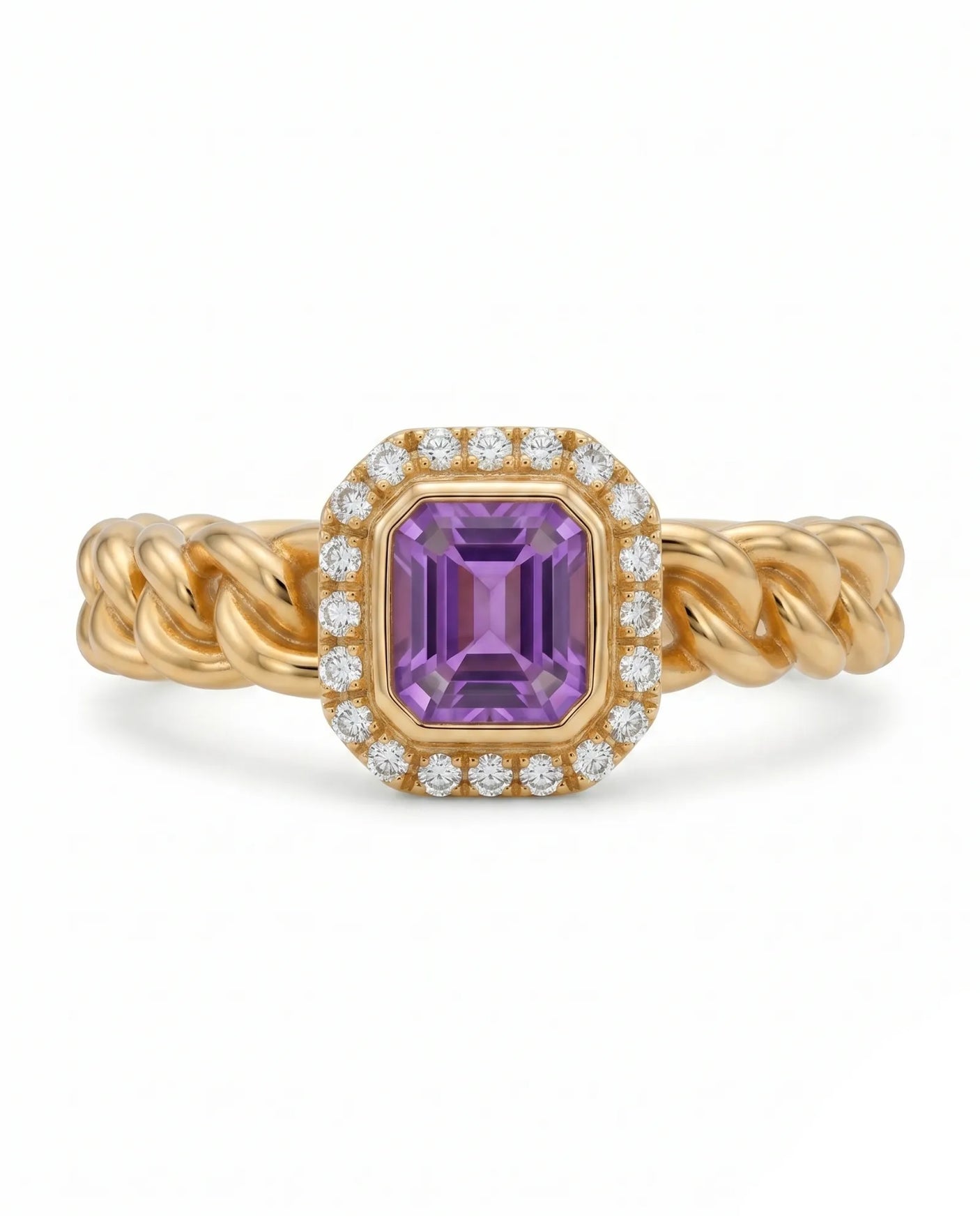 Luxury purple sapphire ring with braided band in 18K Yellow Gold | SARATTI