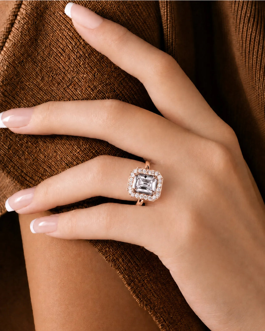 Luxury radiant cut moissanite engagement ring in 18K rose gold -- SARATTI