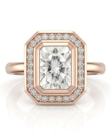 Luxury radiant cut moissanite engagement ring in 18K rose gold | SARATTI