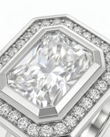 Luxury radiant cut moissanite engagement ring in 18K white gold | SARATTI