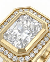 Luxury radiant cut moissanite engagement ring in 18K yellow gold | SARATTI