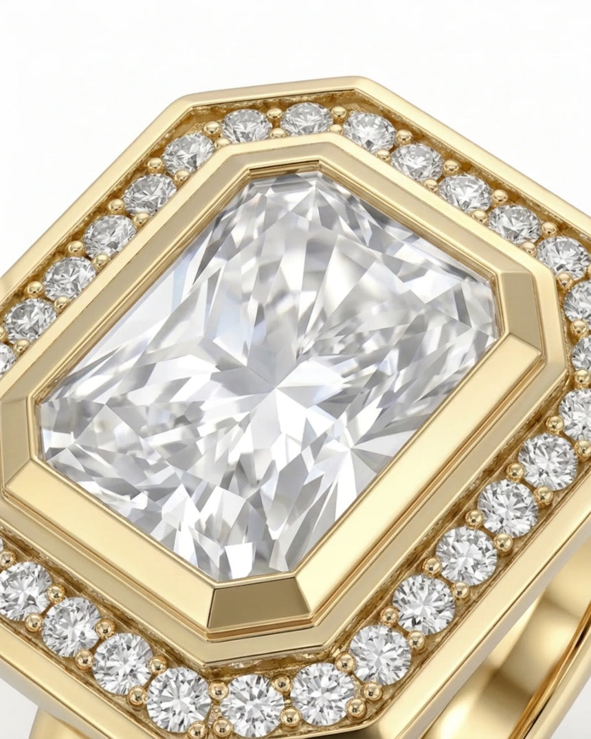 Luxury radiant cut moissanite engagement ring in 18K yellow gold | SARATTI