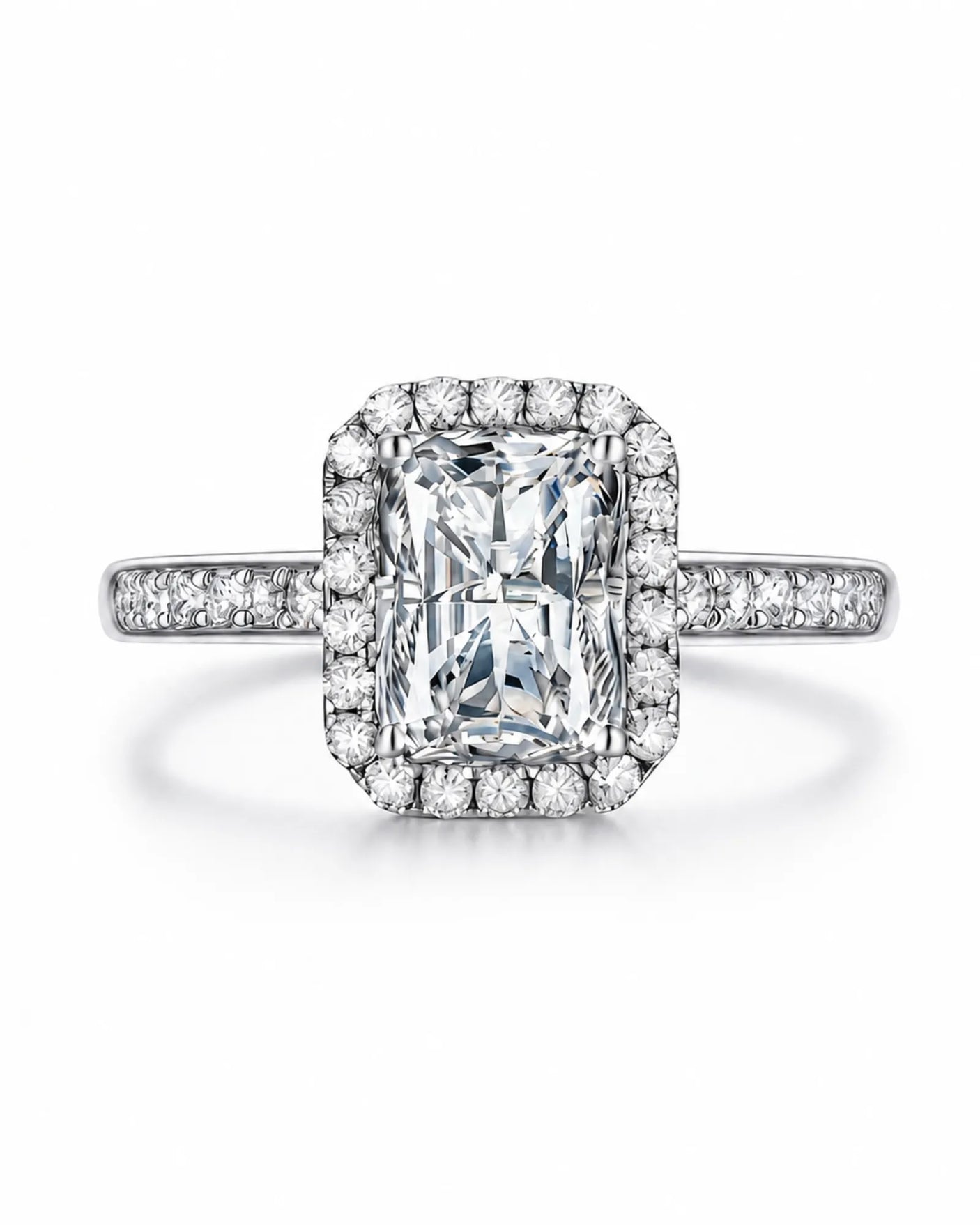 Luxury radiant moissanite pavé ring with low-profile white gold setting | SARATTI