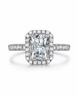 Luxury radiant moissanite pavé ring with low-profile white gold setting | SARATTI