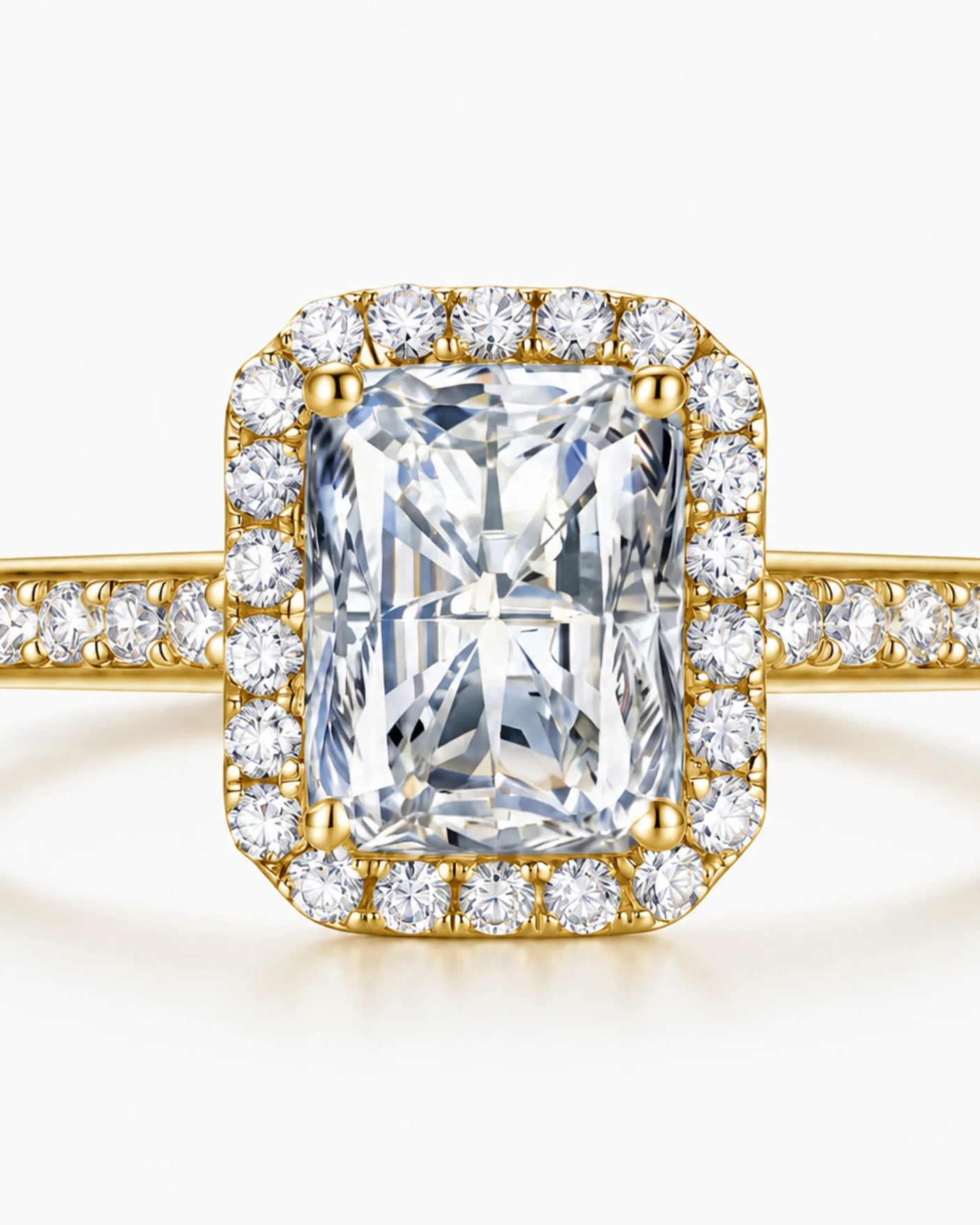 Luxury radiant moissanite pavé ring with polished yellow gold architecture | SARATTI