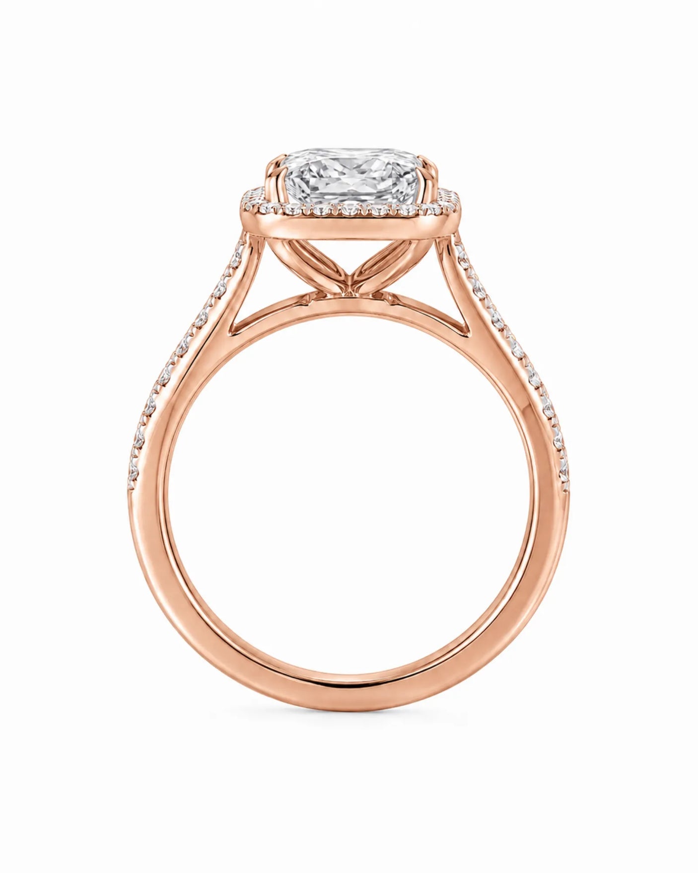 Luxury radiant moissanite pavé ring with warm rose gold detailing and geometric presence | SARATTI.