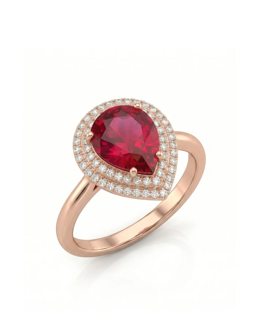 Luxury red-pink tourmaline ring with pear shape and diamonds in 18K rose gold | SARATTI