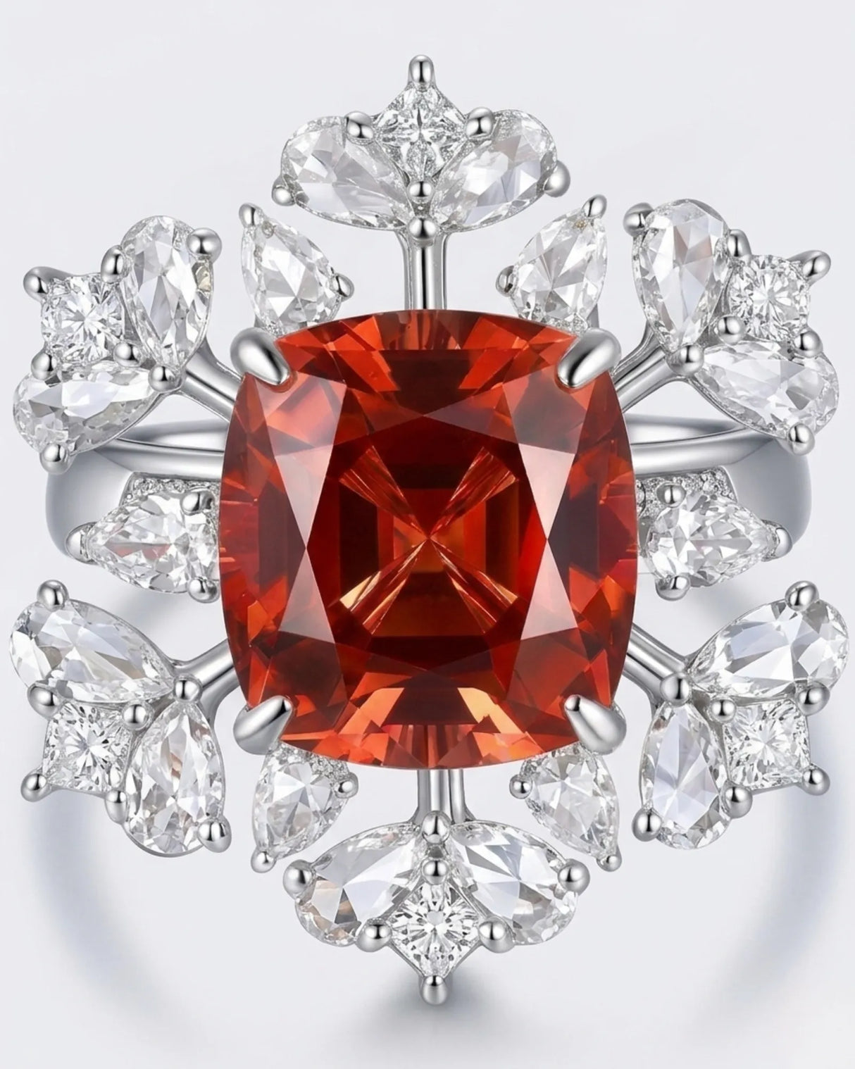 Luxury red tourmaline and diamond ring in platinum with high-jewelry floral structure - SARATTI