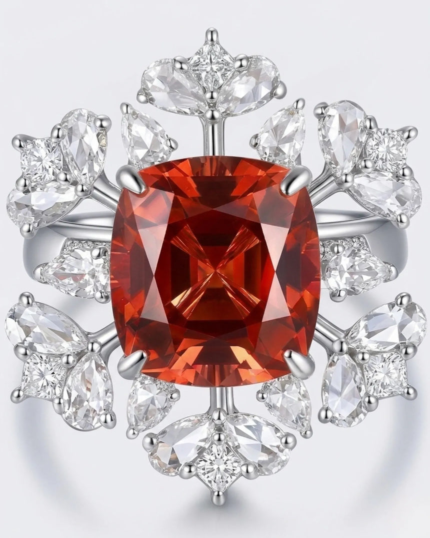 Luxury red tourmaline and diamond ring in platinum with high-jewelry floral structure - SARATTI