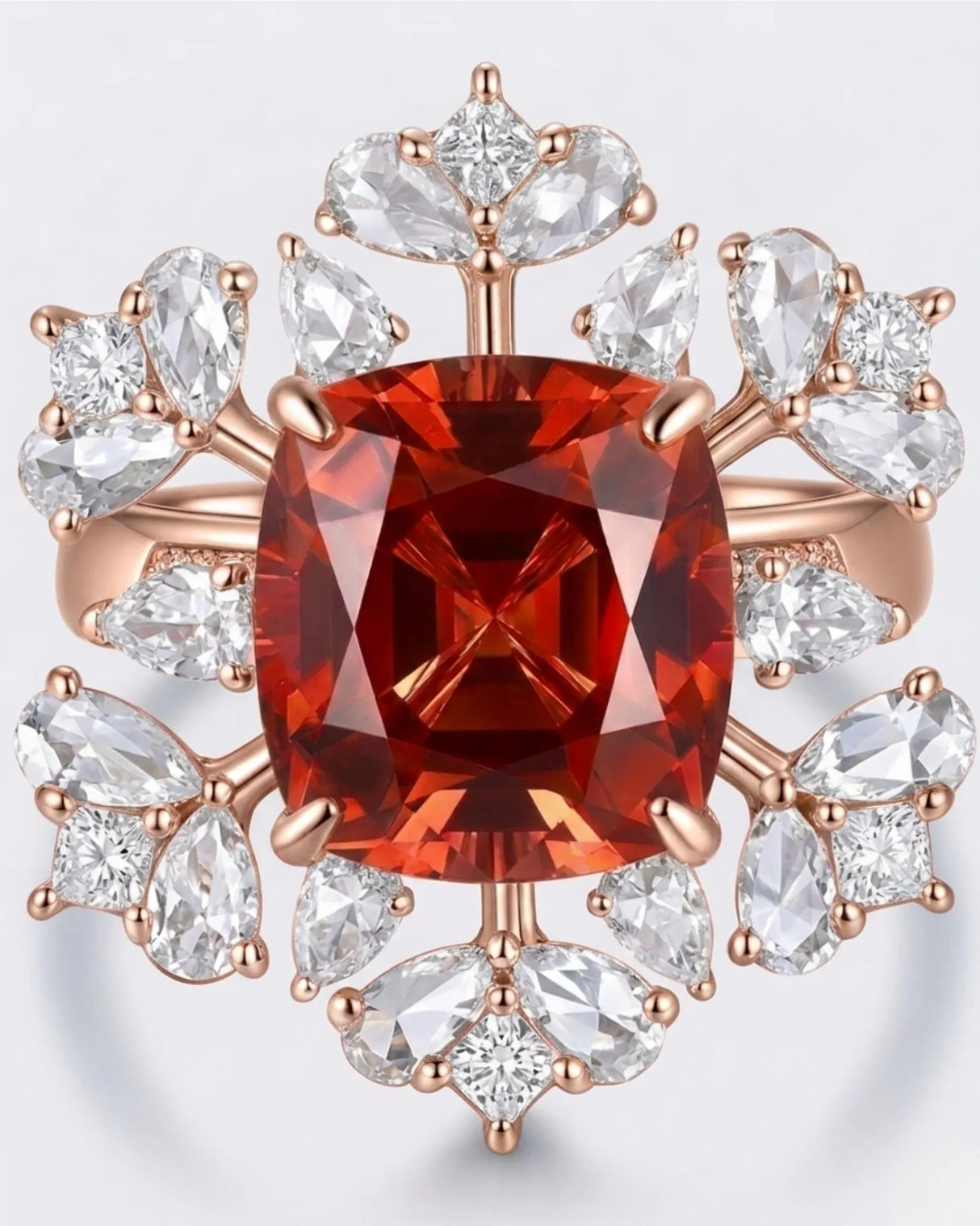 Luxury red tourmaline and diamond ring in rose gold with dramatic floral presence - SARATTI
