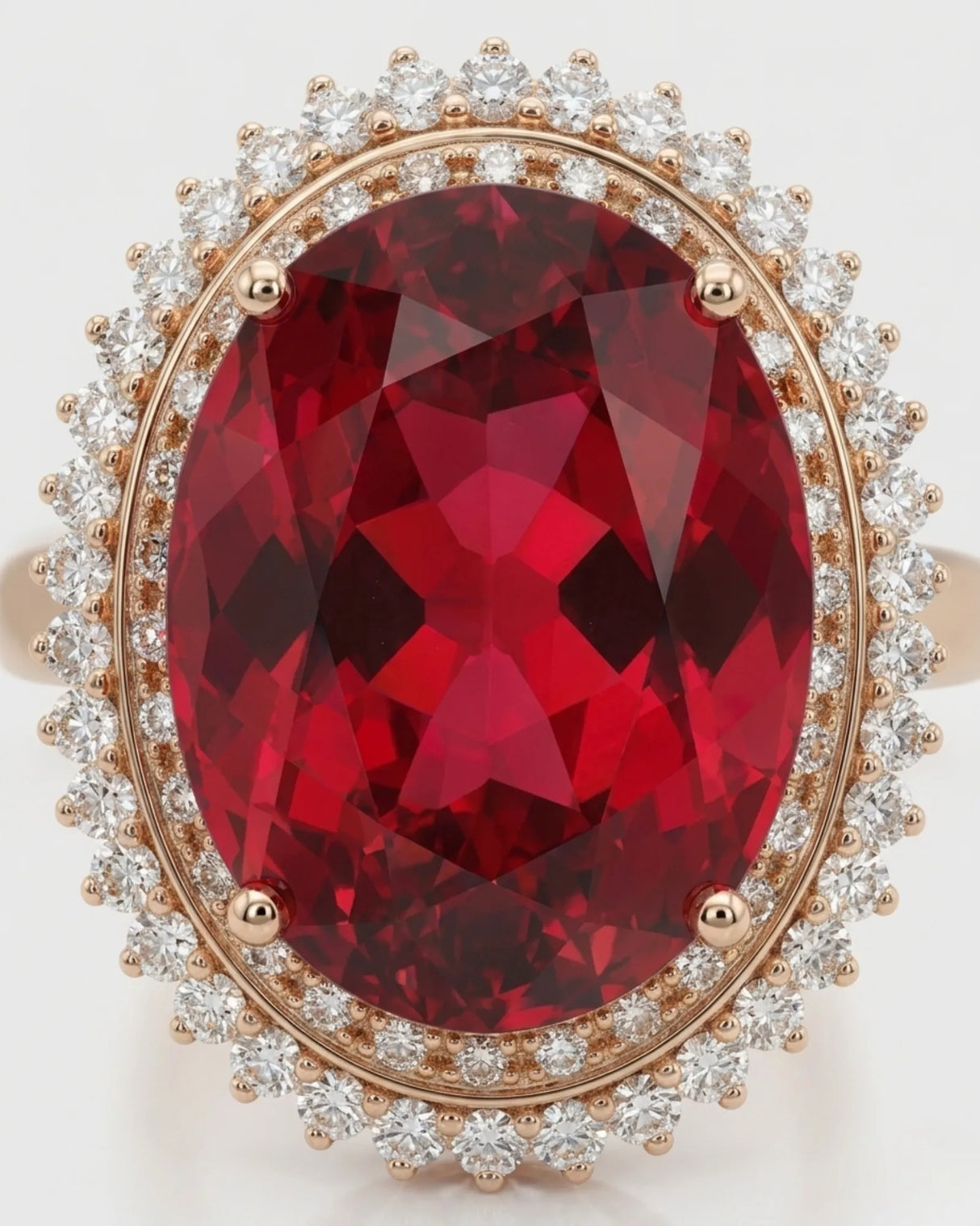 Luxury red tourmaline and diamond ring in rose gold with radiant halo design - SARATTI