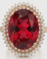 Luxury red tourmaline and diamond ring in rose gold with radiant halo design - SARATTI