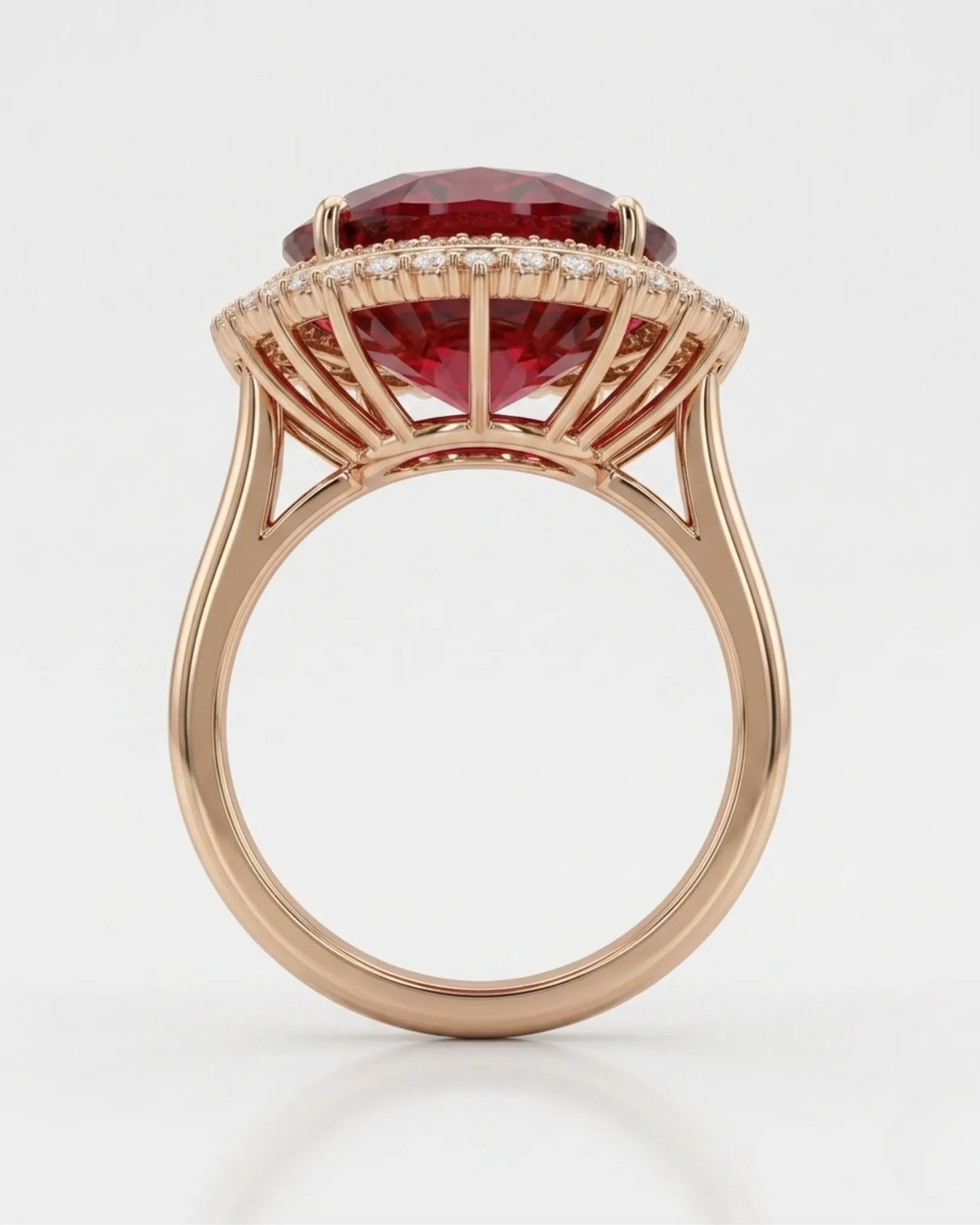 Luxury red tourmaline and diamond ring in rose gold with radiant halo design | SARATTI