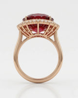 Luxury red tourmaline and diamond ring in rose gold with radiant halo design | SARATTI