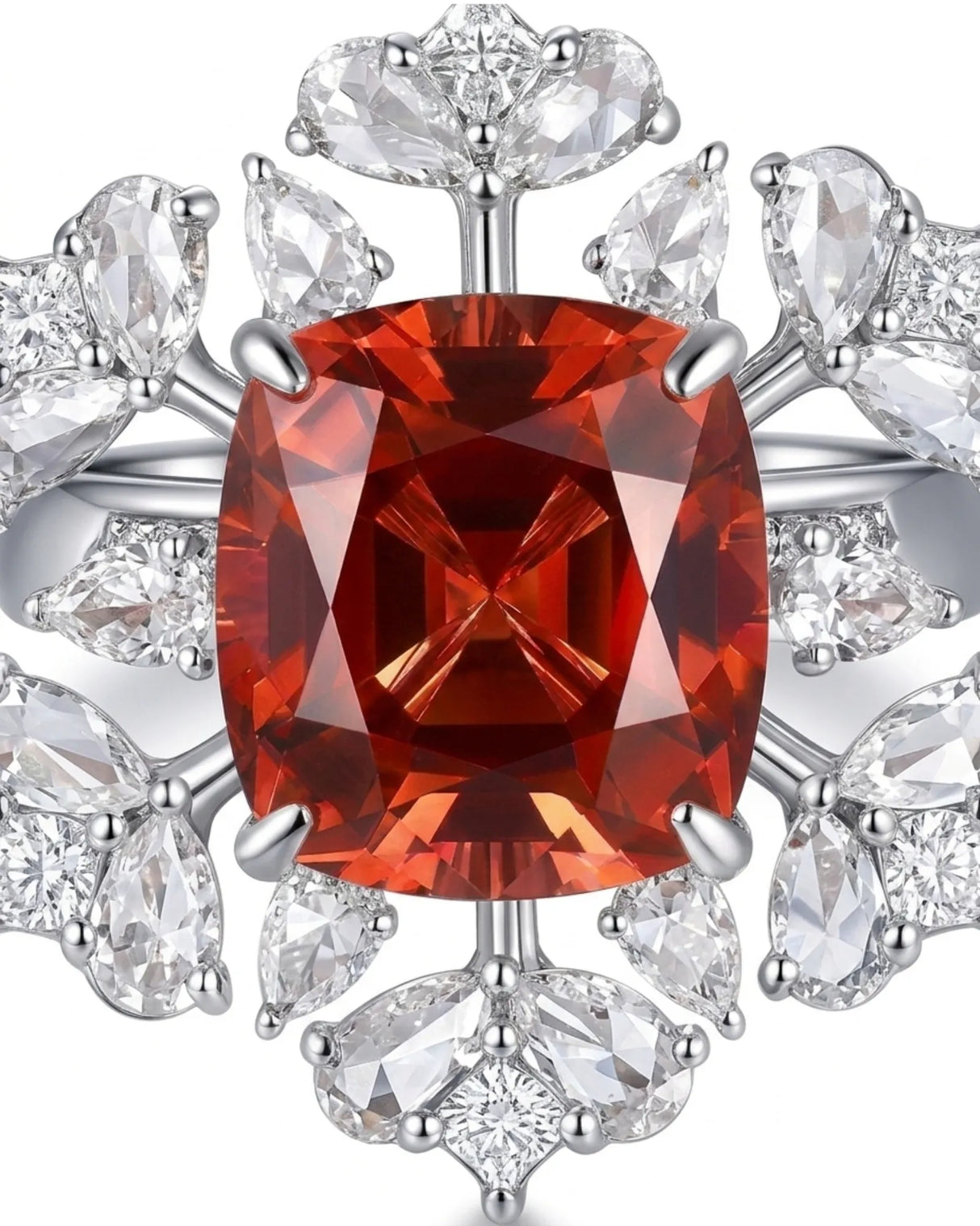 Luxury red tourmaline and diamond ring in white gold with high-jewelry floral design - SARATTI