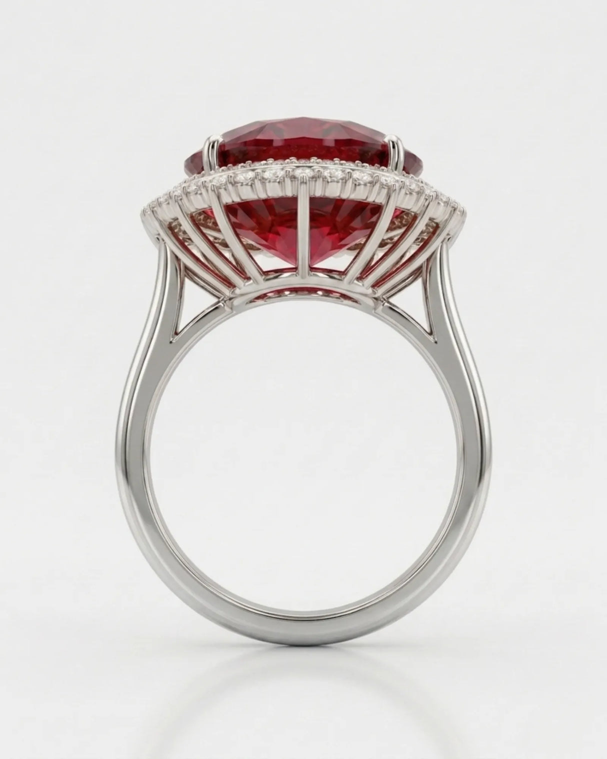 Luxury red tourmaline and diamond ring in white gold with radiant halo design - SARATTI
