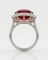 Luxury red tourmaline and diamond ring in white gold with radiant halo design - SARATTI