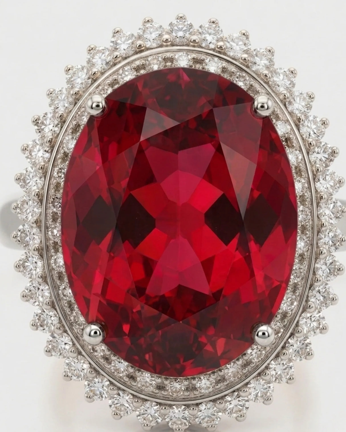 Luxury red tourmaline and diamond ring in white gold with radiant halo design | SARATTI