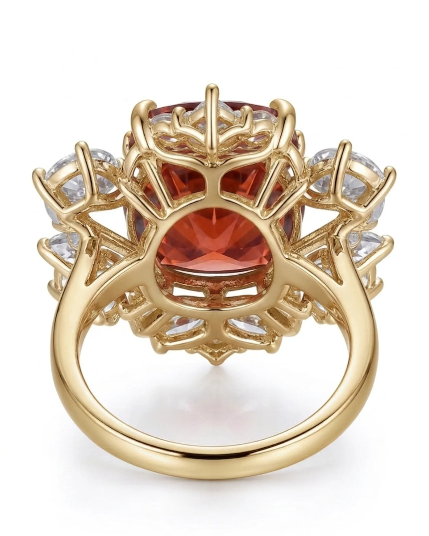 Luxury red tourmaline and diamond ring in yellow gold with expressive floral design - SARATTI