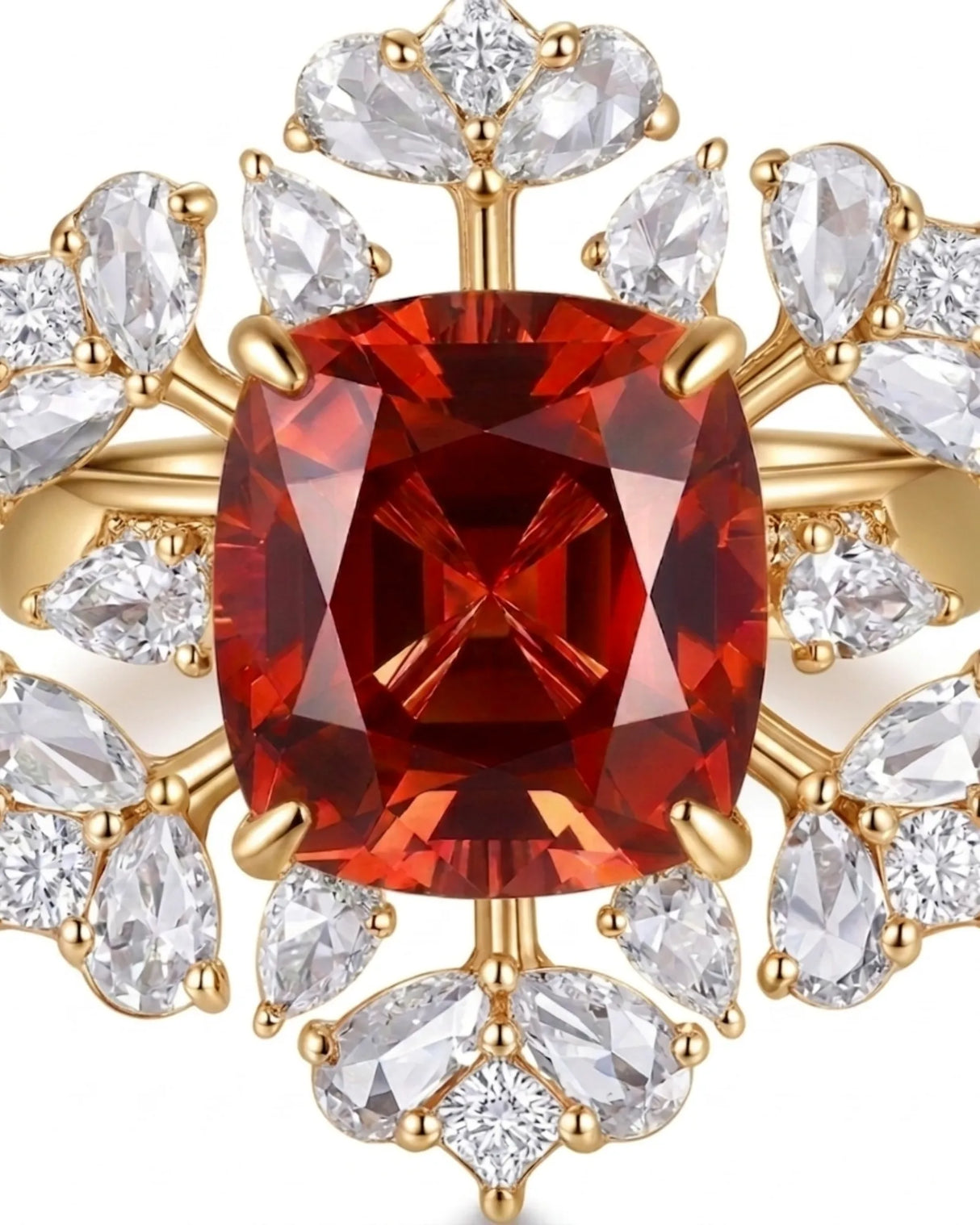 Luxury red tourmaline and diamond ring in yellow gold with expressive floral design | SARATTI