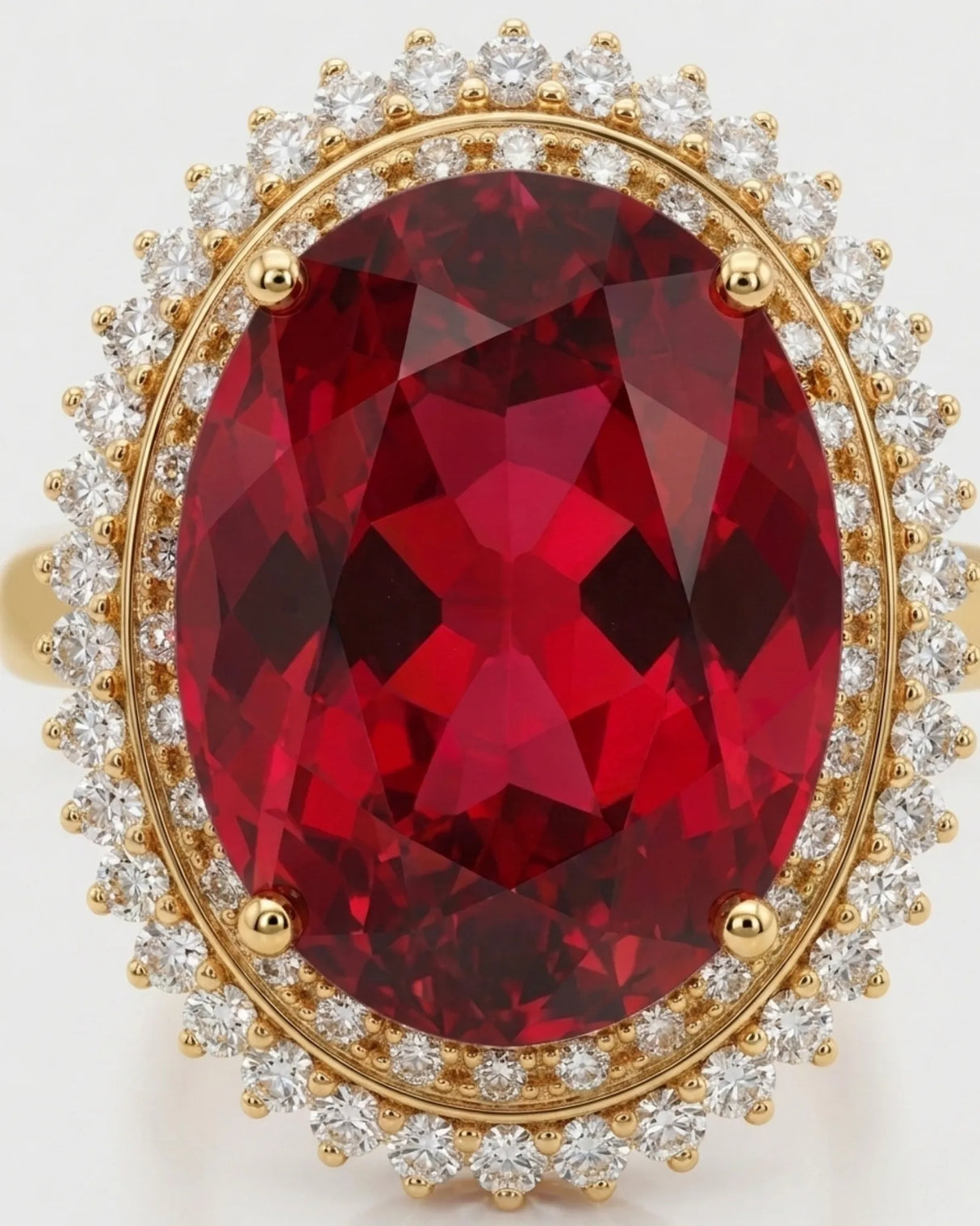 Luxury red tourmaline and diamond ring in yellow gold with radiant halo design | SARATTI