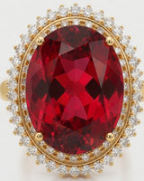 Luxury red tourmaline and diamond ring in yellow gold with radiant halo design | SARATTI